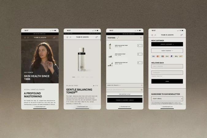 Cosmetics e-commerce app shown on four phones, featuring skin health promises, balancing toner, shopping bag and customer login.