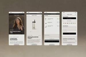 Four mobile phone mockups displaying the Team Dr Joseph e-commerce website interface on a textured background