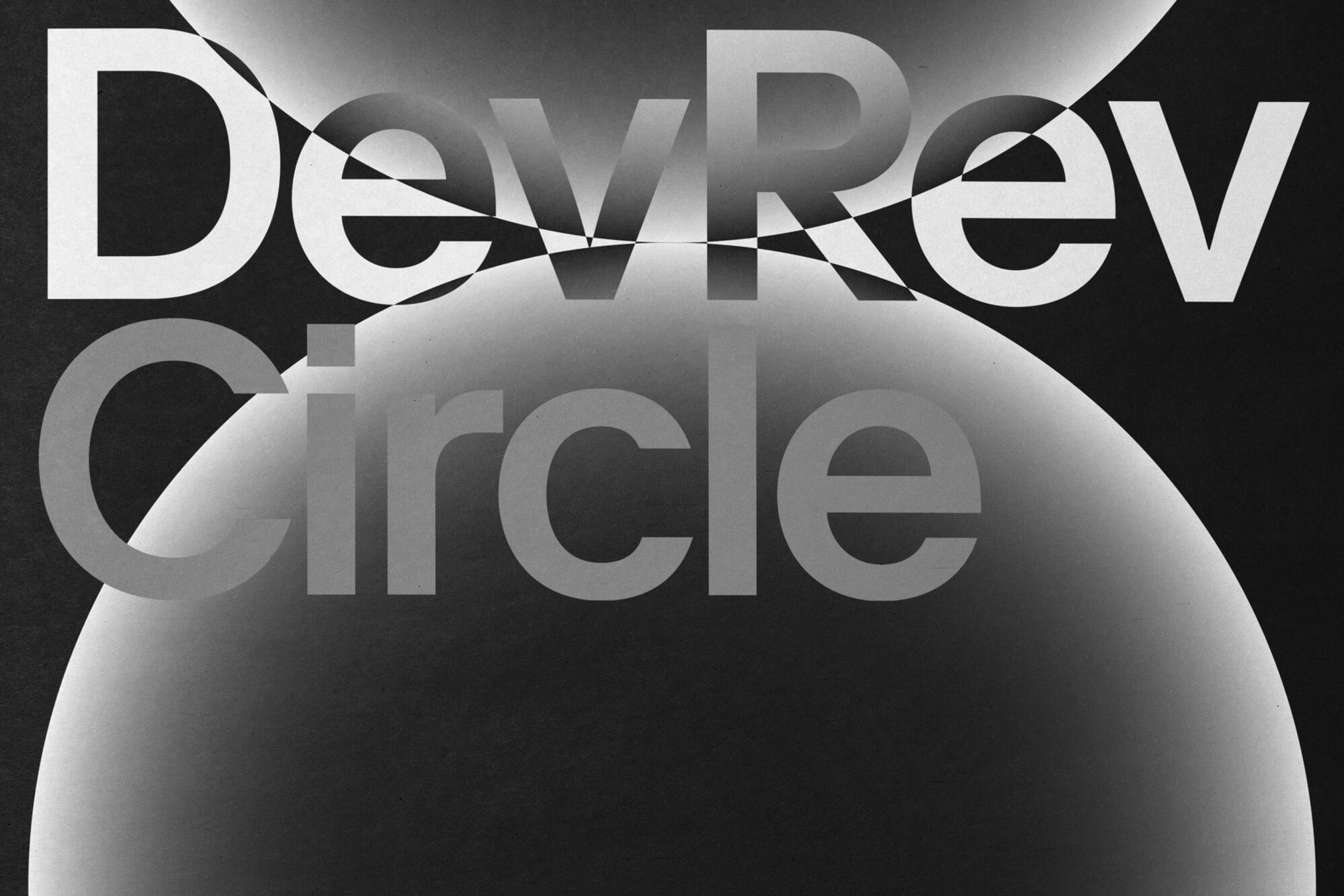 Abstract typography art featuring "DevRev Circle" with a monochrome color palette, blending graphic design and artistic expression.