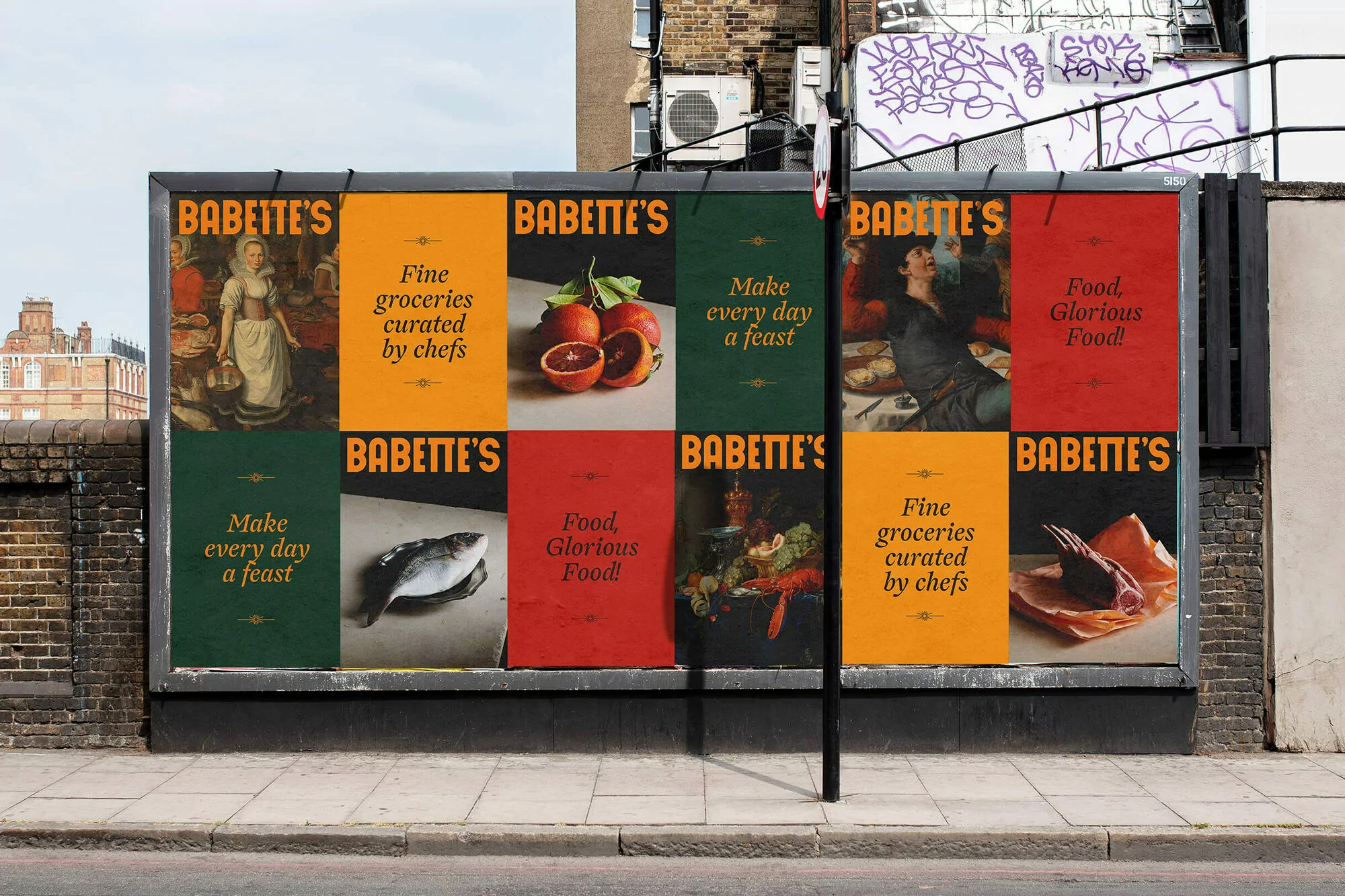 Outdoor billboard advertisement for Babette's Fine Groceries featuring vintage food-themed paintings, illustrations, and text on colorful panels.