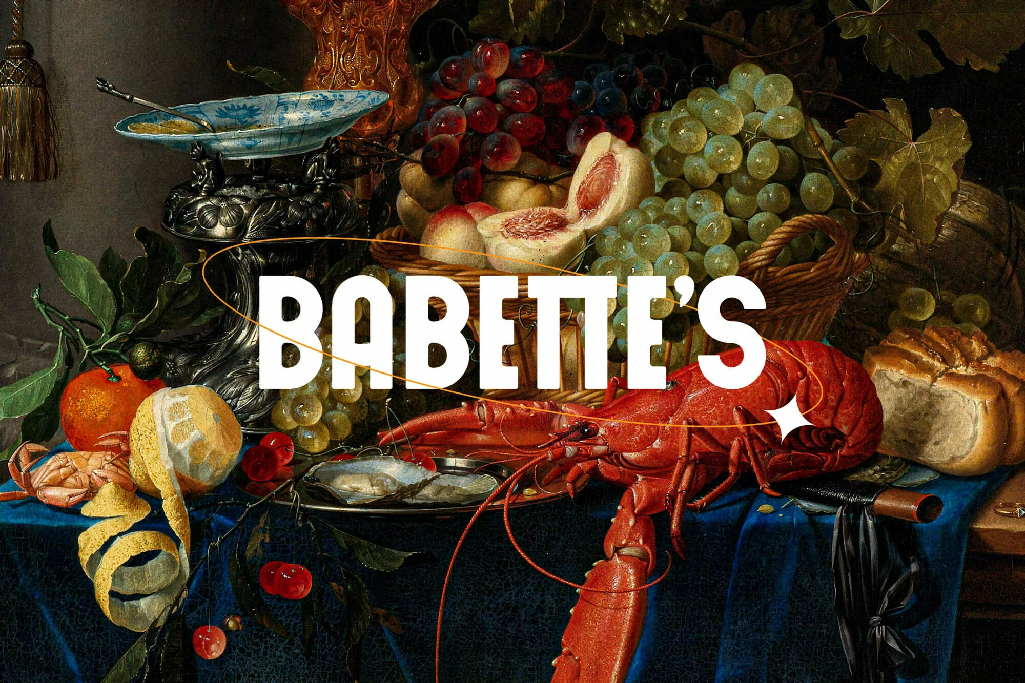 Dutch Golden Age still life painting featuring a lobster, fruits like grapes and peaches, oysters, bread, and an orange and lemon.