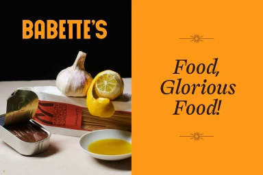 Split composition featuring a pack of pasta, garlic, lemon, and canned fish on the left, and yellow text on the right.