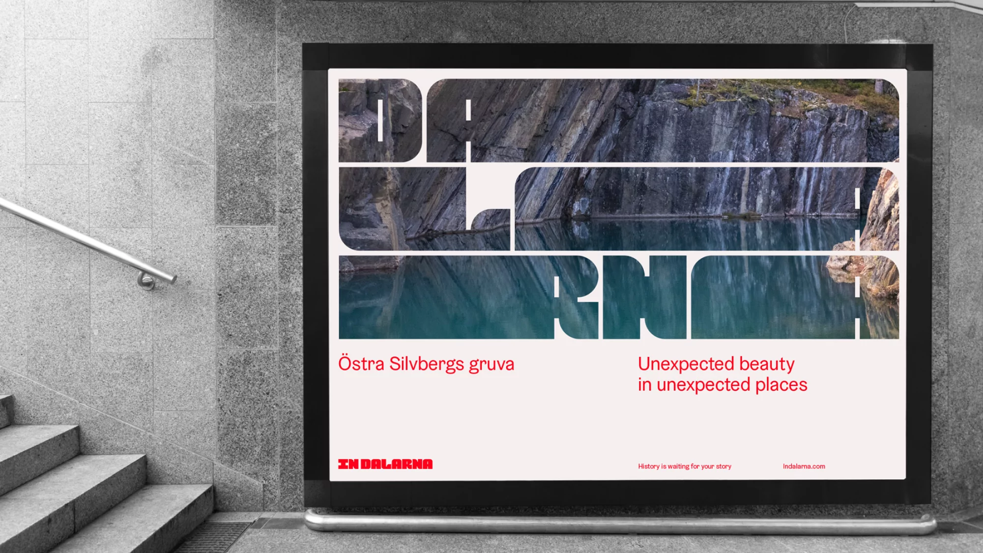 Dalarna Sweden travel advertisement featuring a striking quarry lake landscape in white typeface against a subway station wall.
