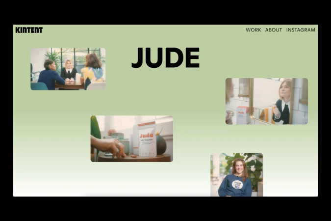 Website design showcasing lifestyle scenes and the word 'Jude' in bold text with Kintent logo and navigation.