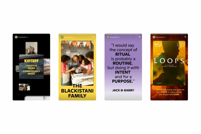 Four social media posts displayed: Kintent creative message, Blackistani family cooking, quote about ritual, and Loops film poster.