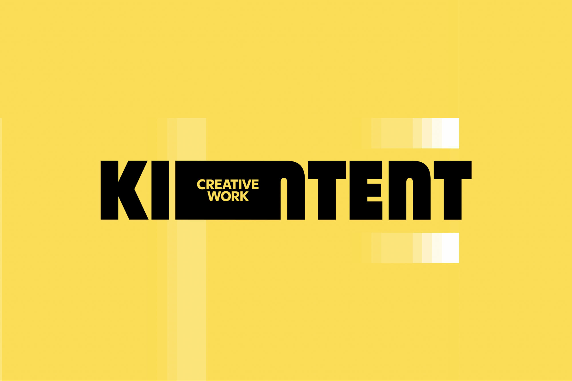 Black 'Kintent Creative Work' logo on a yellow background with a geometric gradient design element on the right side of the frame.