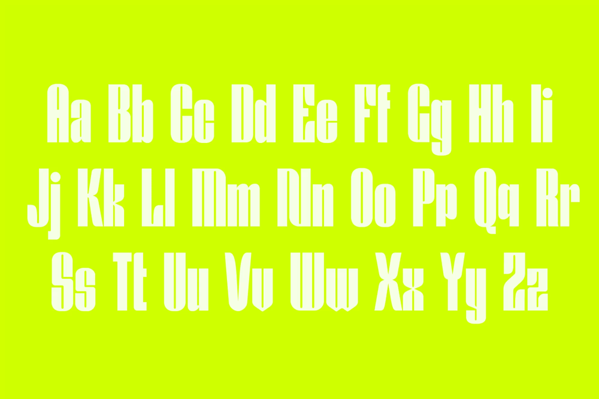 Graphic design featuring a full alphabet in a bold, white font against a bright chartreuse background. Each letter is vertically striped.