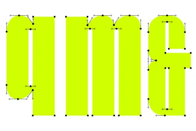 Bright chartreuse vector typography letters displayed with visible vector paths, anchor points, and handles on a white background