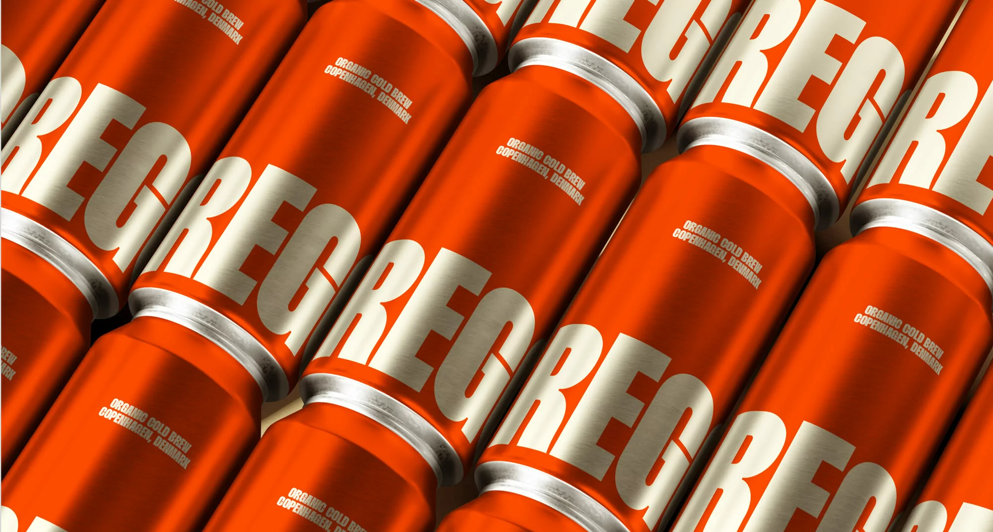 Multiple red beverage cans with white letters in a tight, repeating pattern, commercial product photography, graphic design, food and beverage.