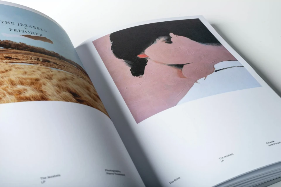 Open book displays a landscape photo and an abstract portrait in pink, black, and white. Album artwork is credited on the pages.