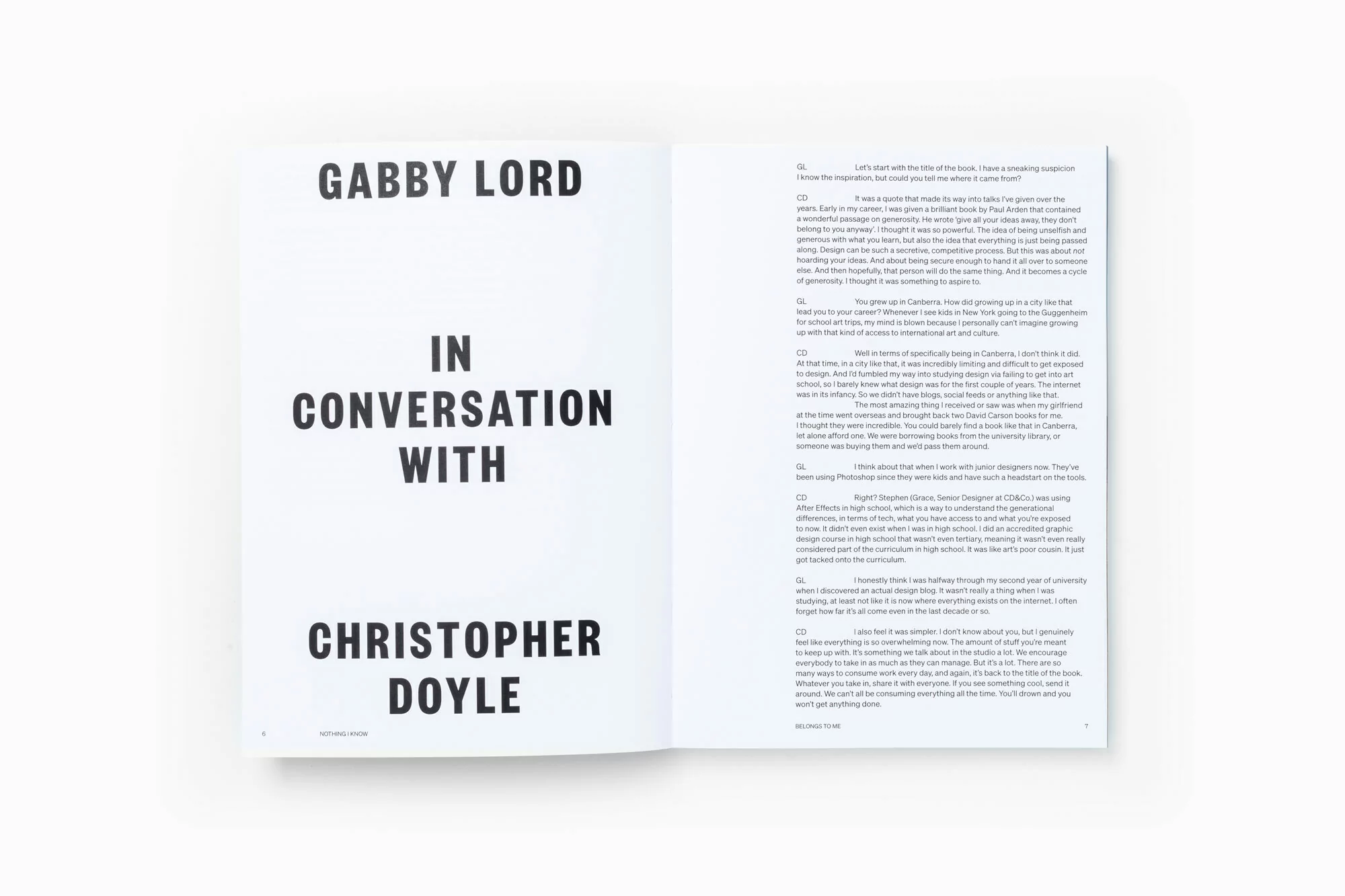 Open book shows an interview with Gabby Lord and Christopher Doyle, in a double-page spread, featuring black typography on white paper.