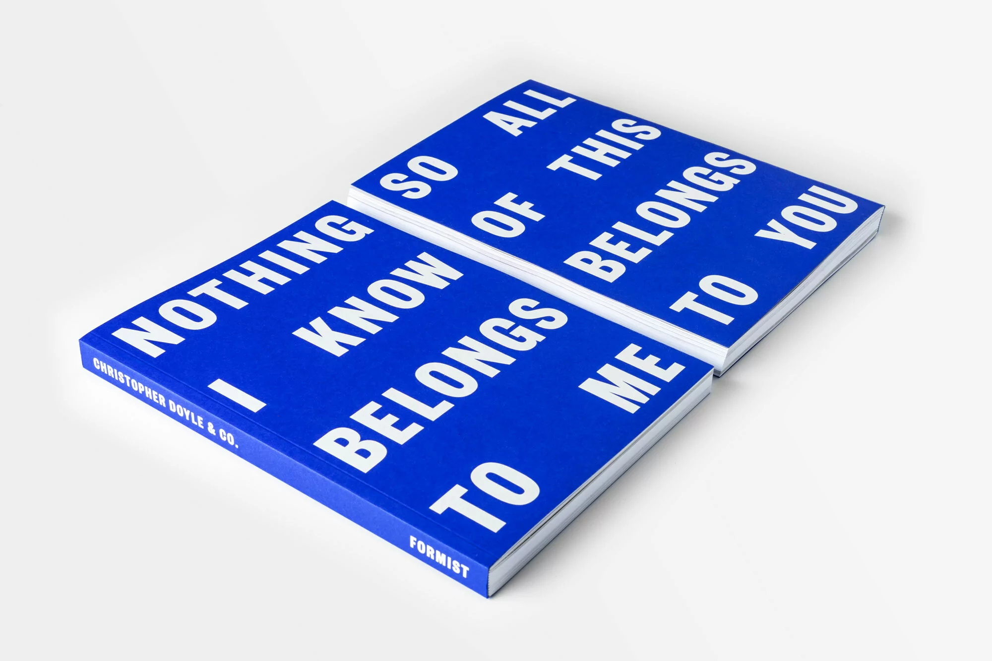 Two blue books with bold white typographic covers resting on a plain white surface.