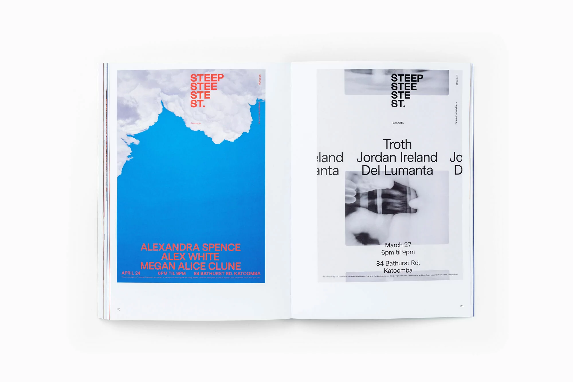 Open book displays two posters: one with blue sky/clouds, the other a monochrome design, both featuring event details and text.