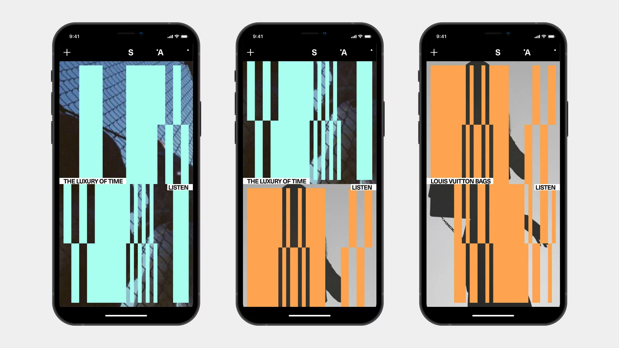 Three smartphone screens display app interfaces with distorted graphics and text overlays. Black smartphones on a light gray background.