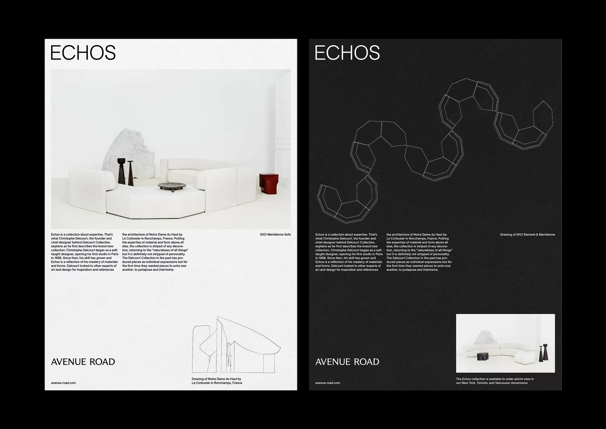 Avenue Road ad featuring white modular sofa, stone accent, and minimalist vases on a stark white background; black poster features abstract line drawing.