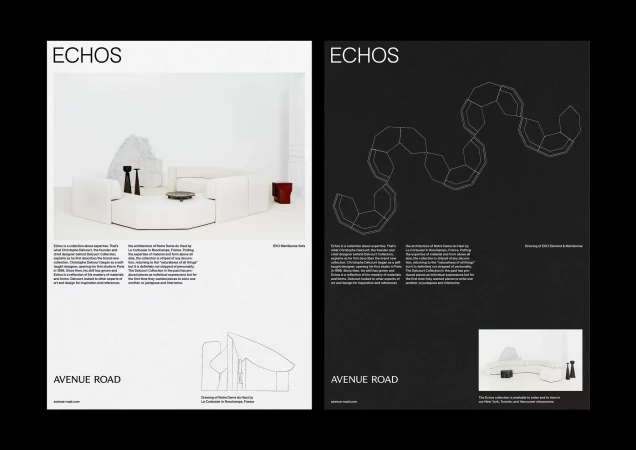 Avenue Road ad featuring white modular sofa, stone accent, and minimalist vases on a stark white background; black poster features abstract line drawing.