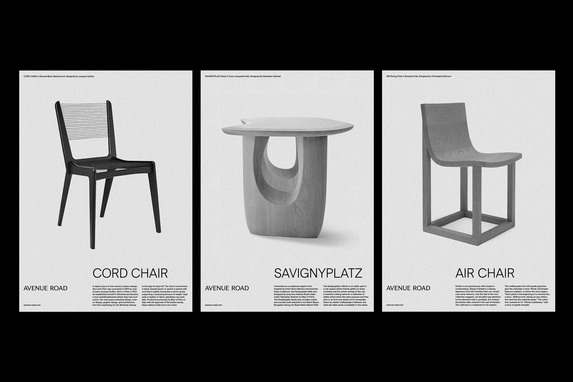 Three posters display modern furniture designs: a black cord chair, a unique light wood side table, and a gray geometric air chair.
