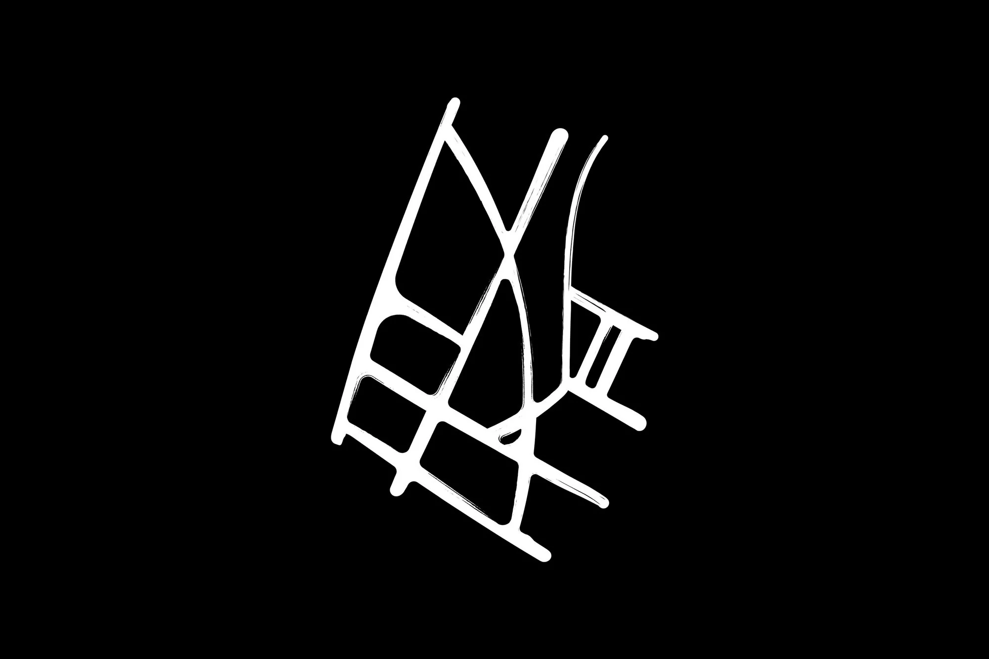 Abstract white line art on black background, featuring geometric shapes and linear patterns. Minimalist design with high contrast.