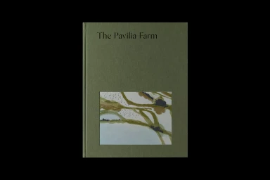 Green book cover with minimalist typography reading The Pavilia Farm and a rectangular inset landscape illustration.