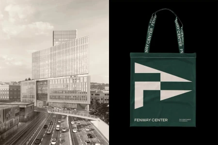 Split image showing an architectural rendering of a high-rise building on the left and a green branded tote bag on the right.