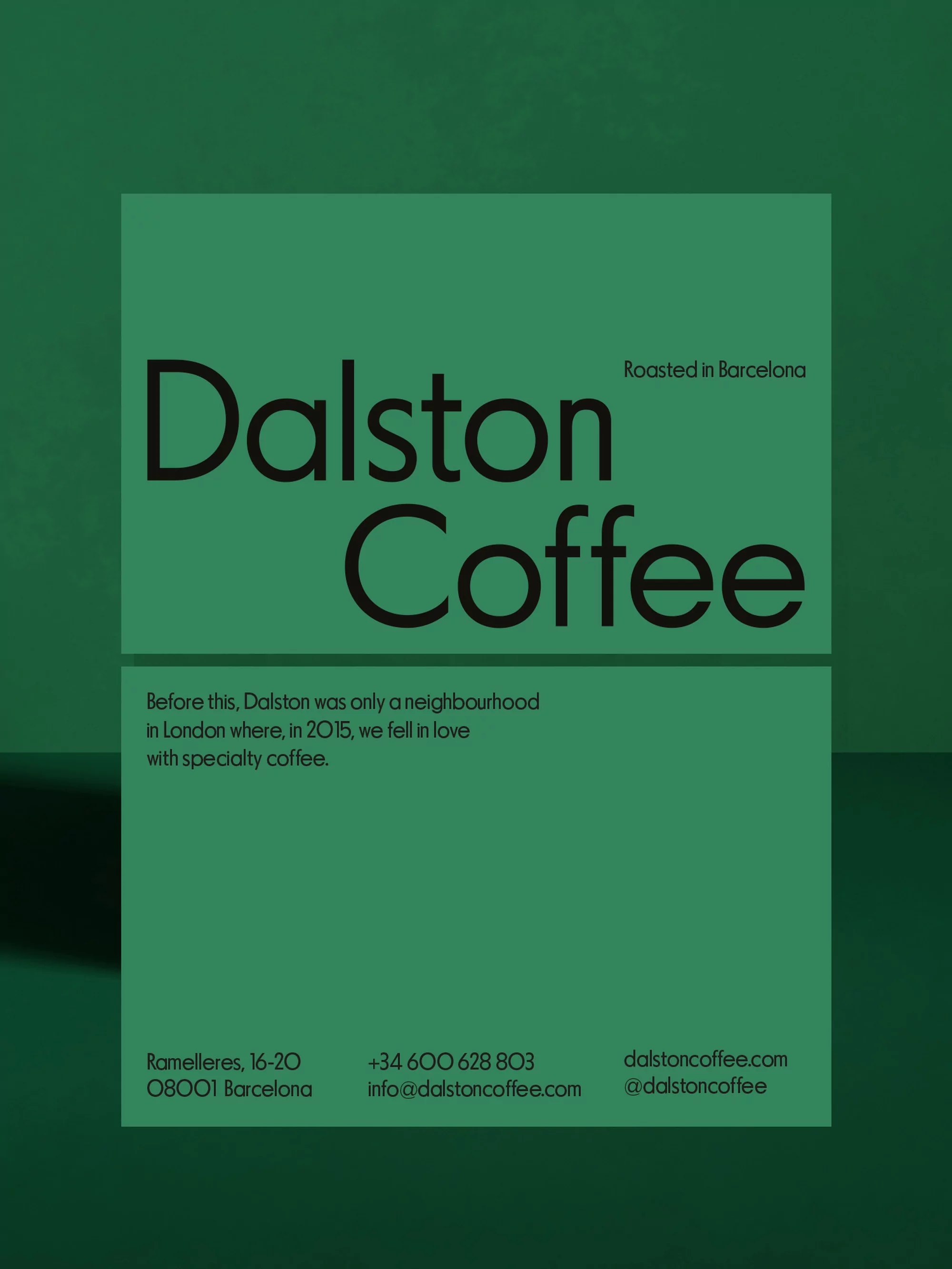 Square promotional flyer for Dalston Coffee featuring stylized text and brand information against a vibrant green background.