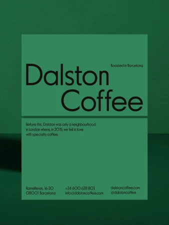 Square promotional flyer for Dalston Coffee featuring stylized text and brand information against a vibrant green background.