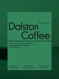 Green brand identity poster for Dalston Coffee featuring black typography against a textured green background