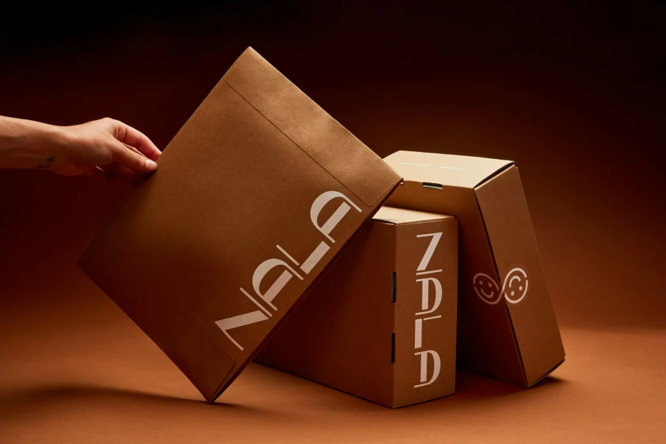 Hand presents three cardboard boxes with Nala and ZDLD logos on a gradient brown background in a studio product shot.