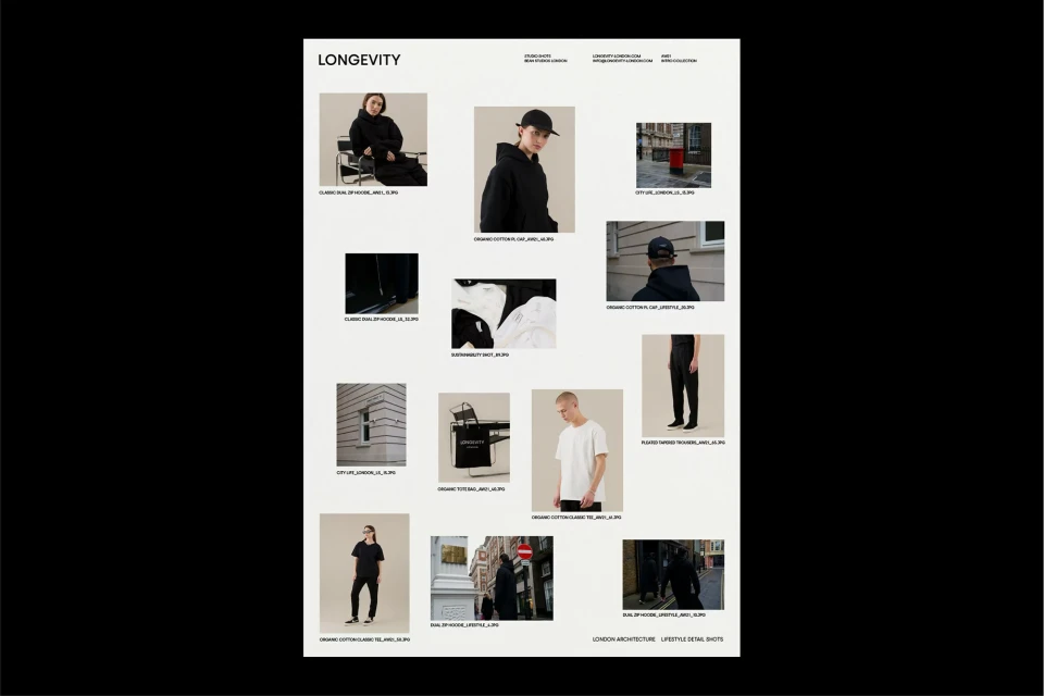 Collection of editorial fashion product photography showcasing clothing like hoodies, t-shirts, trousers, against urban backdrops and neutral studio.