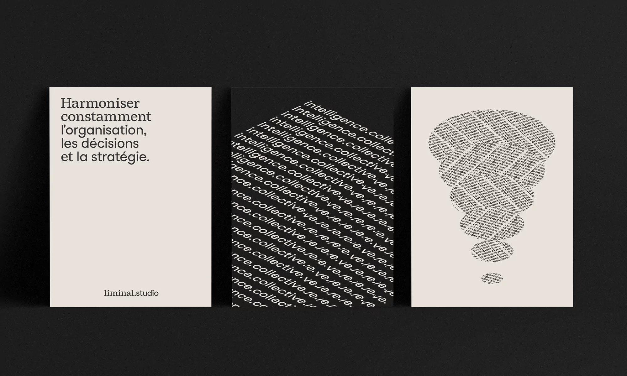 Three vertically-oriented cards against a gray background, each showcasing a different design featuring distinct typography and layout.
