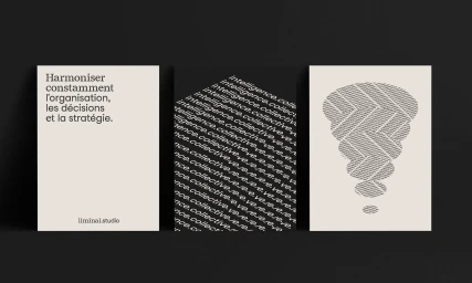 Three vertical graphic design mockups featuring typography and geometric text patterns against a dark background