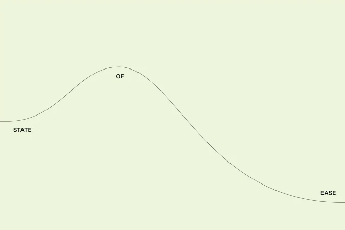 Illustration showing a line graph depicting the transition from 'state' through a peak 'of' to a point of 'ease' against a pale background.
