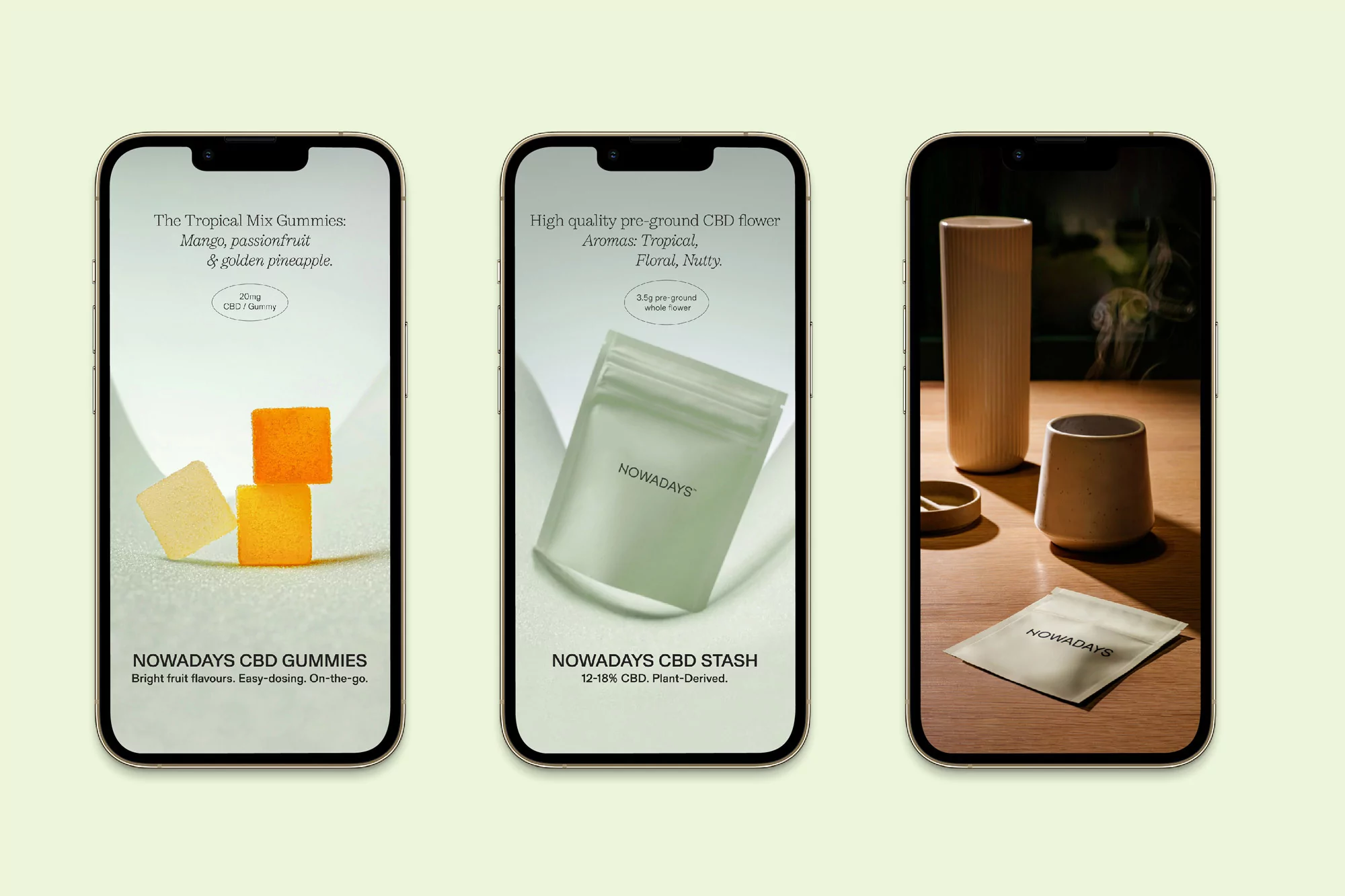 Three smartphones display images of CBD gummies, a CBD stash bag, and product packaging against a light green background. Product advertising.