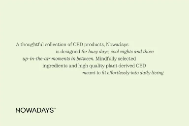 A pale green promotional graphic featuring brand typography and descriptive text about plant-derived CBD products.