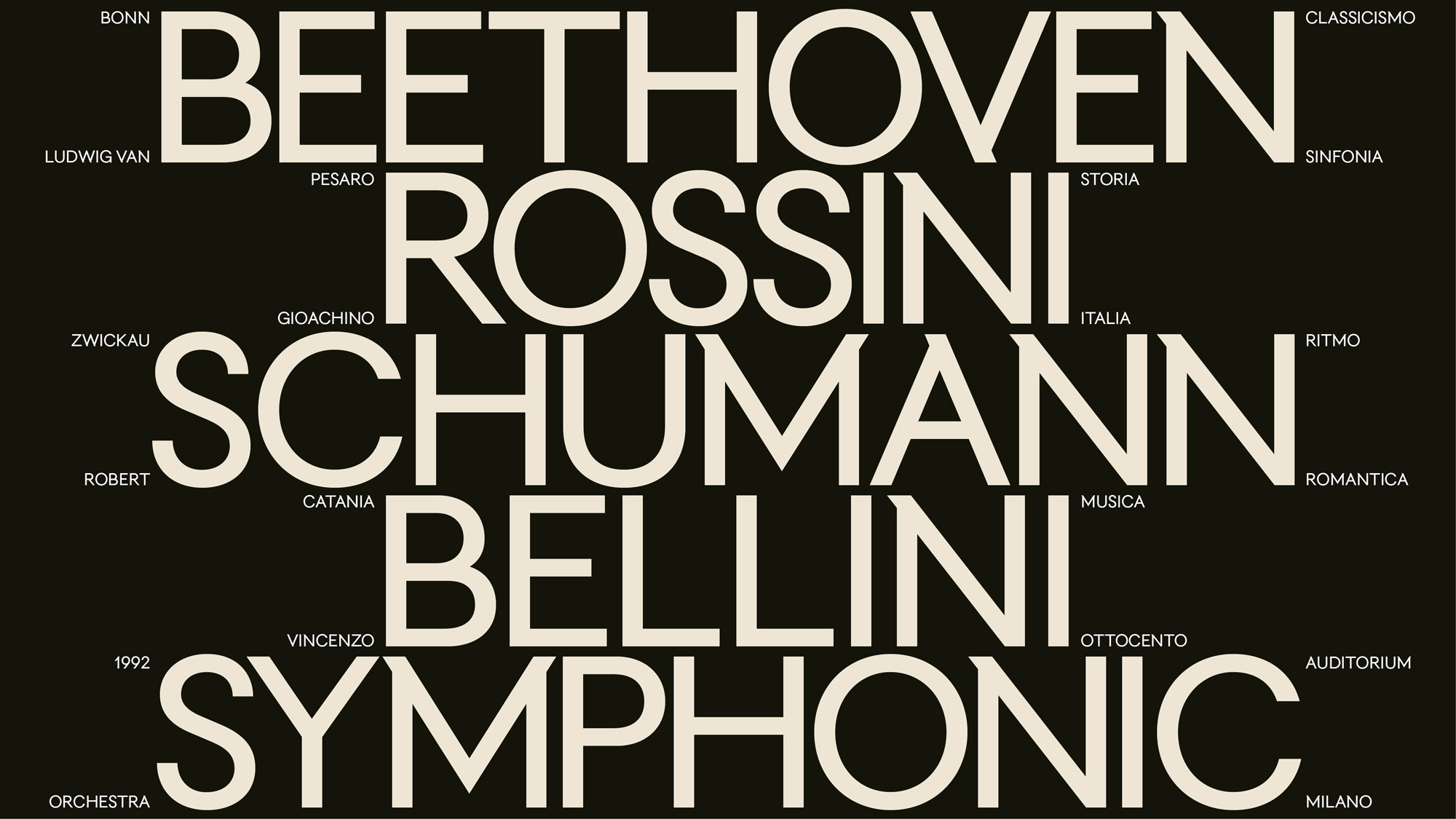 Typography art featuring names of composers Beethoven, Rossini, Schumann, and Bellini in large sans-serif fonts on dark background.