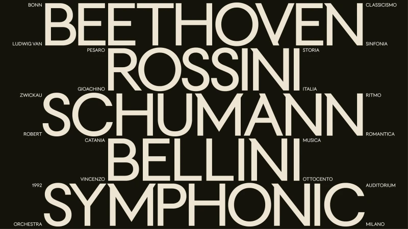 Typography art featuring names of composers Beethoven, Rossini, Schumann, and Bellini in large sans-serif fonts on dark background.
