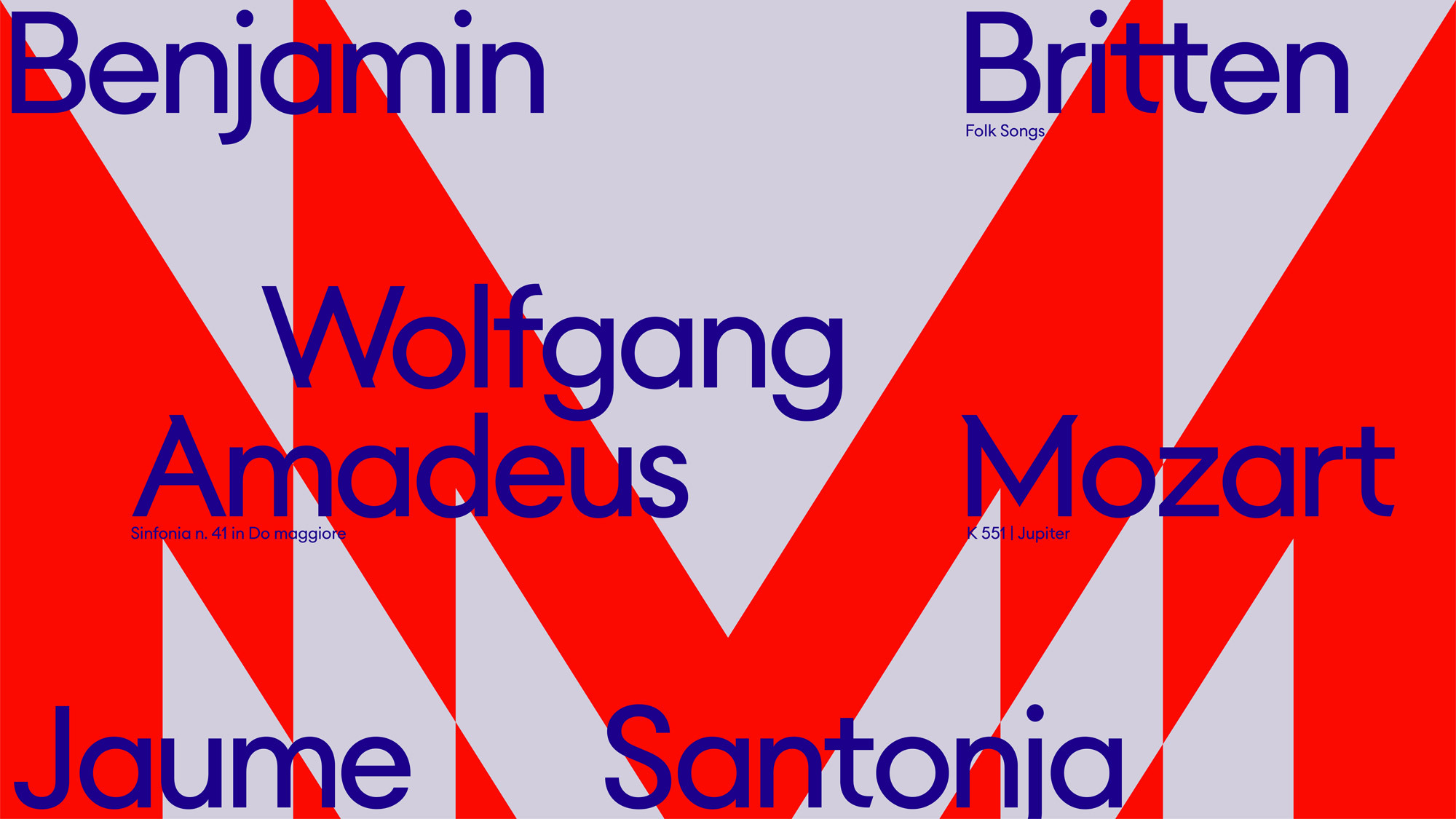 Graphic art featuring red and lavender geometric shapes overlaid with blue typography showcasing composers: Britten, Mozart, and others.