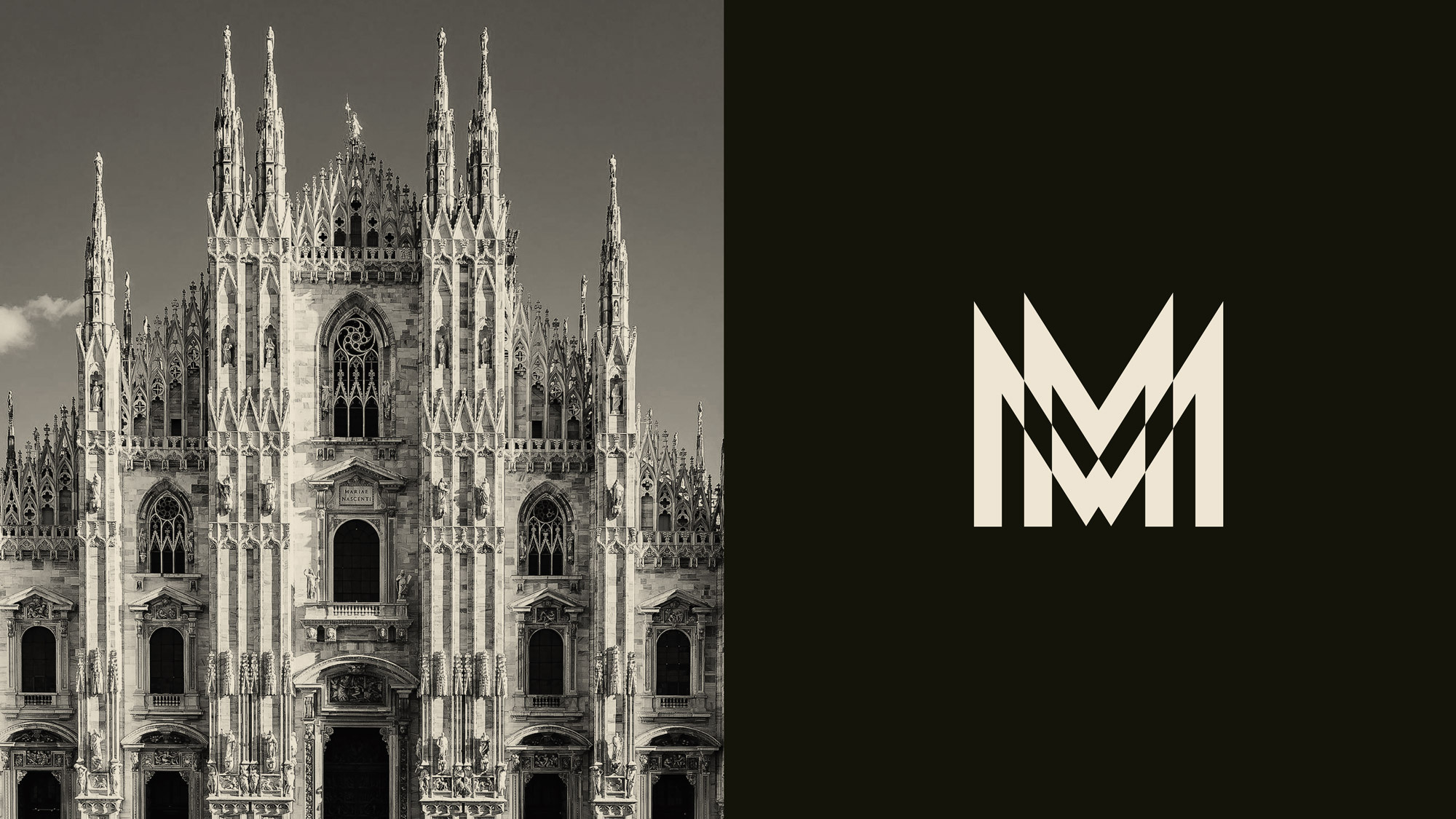 Monochrome image of Milan Cathedral's ornate facade next to a geometric 'M' logo on a dark background, showcasing architectural detail and design.