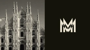 Split view showing gothic cathedral facade on left and cream geometric logo on dark brown background on right