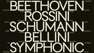 Bold typographic brand identity layout featuring classical composer names in large serif text on a dark ground.