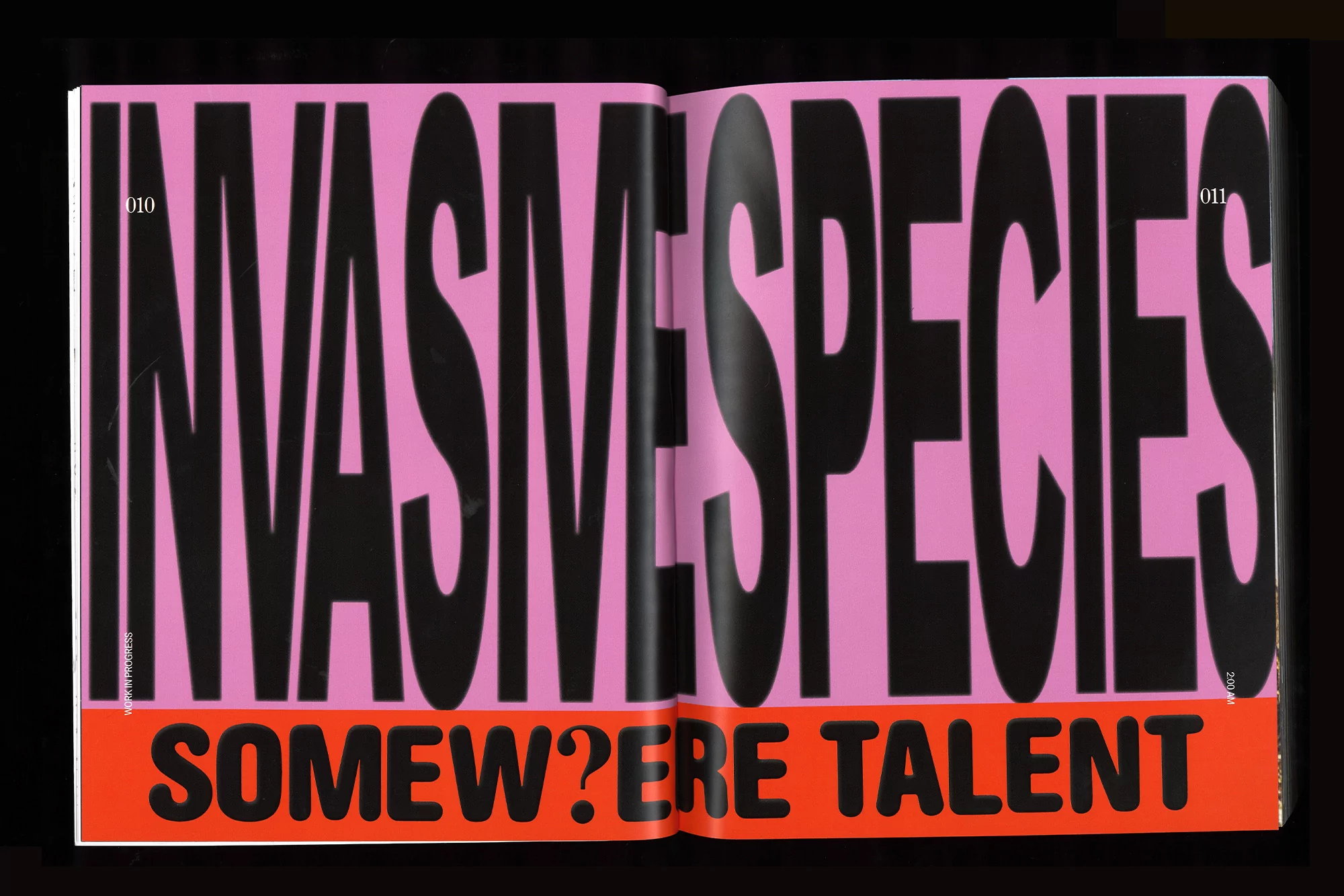 Open magazine spread featuring bold typography: 'INVASIVE SPECIES' in black on pink, 'SOMEW?ERE TALENT' in black on orange.
