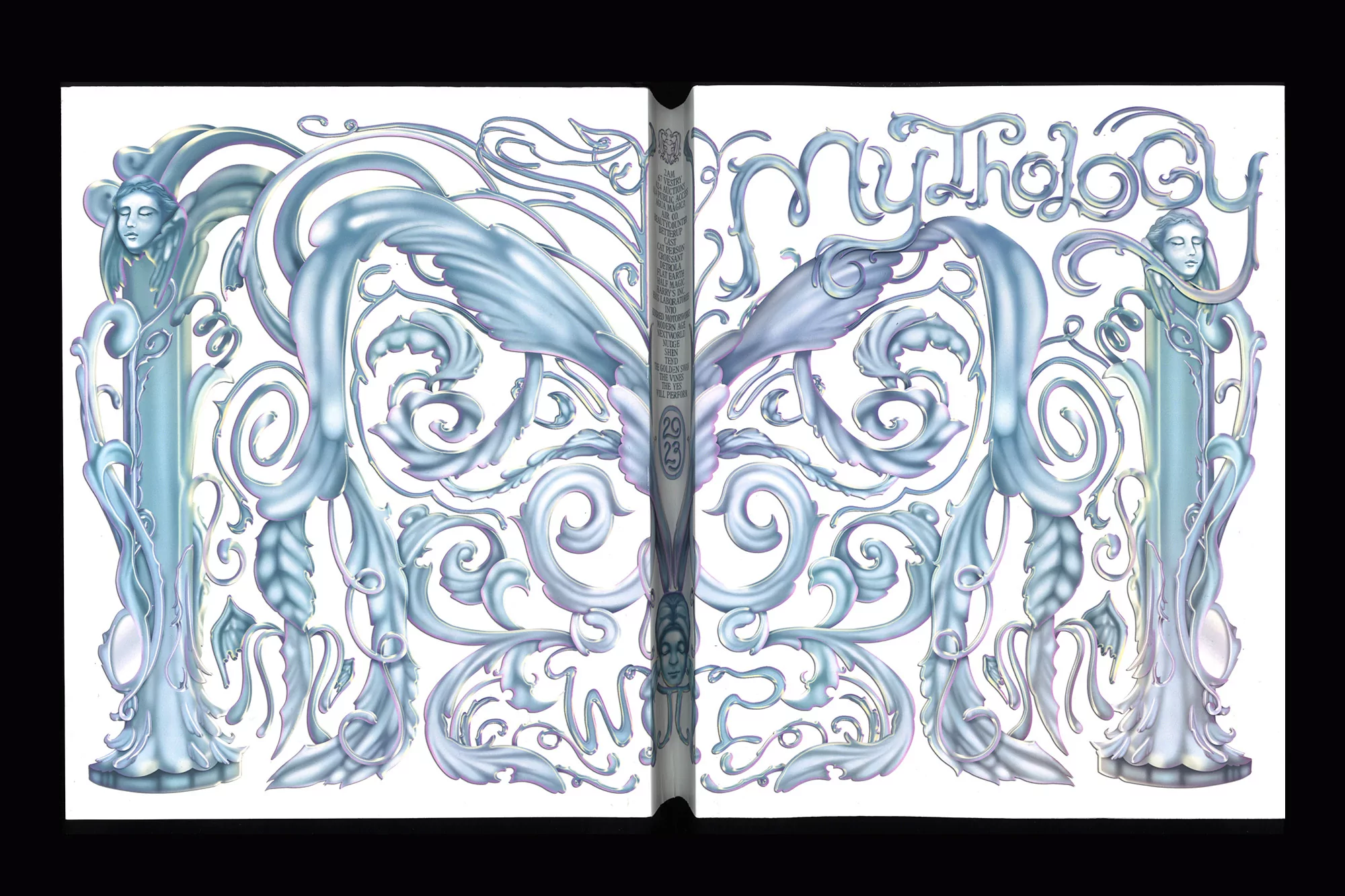 Book cover art with 'Mythology' title, featuring ornate designs, female figures, wings, and swirling patterns in cool blue and white tones.