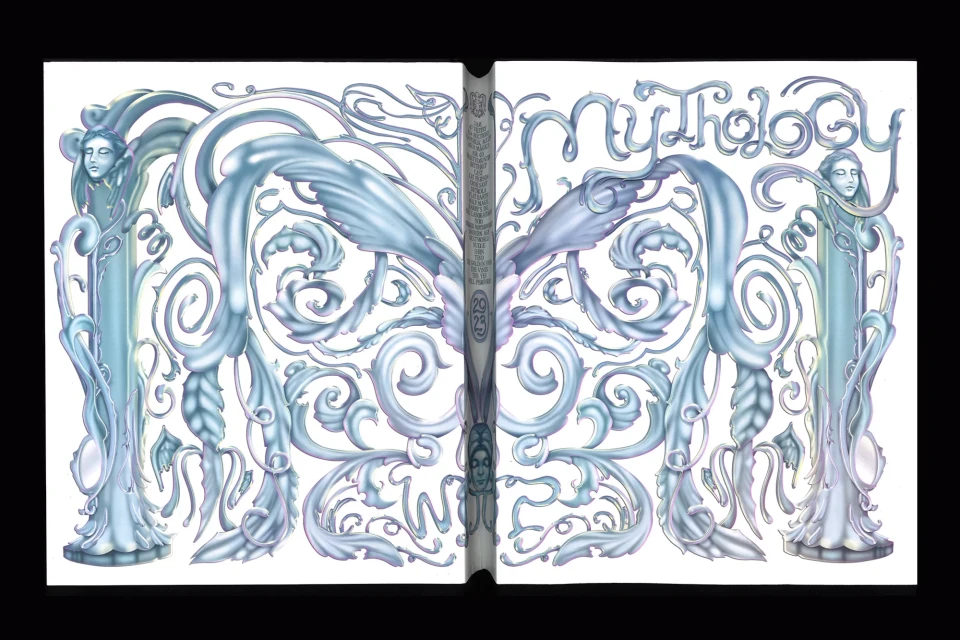 Book cover art with 'Mythology' title, featuring ornate designs, female figures, wings, and swirling patterns in cool blue and white tones.