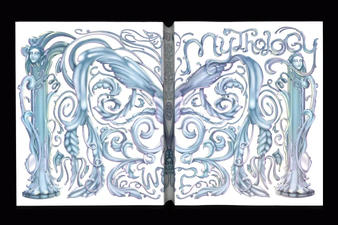 Book cover art with 'Mythology' title, featuring ornate designs, female figures, wings, and swirling patterns in cool blue and white tones.
