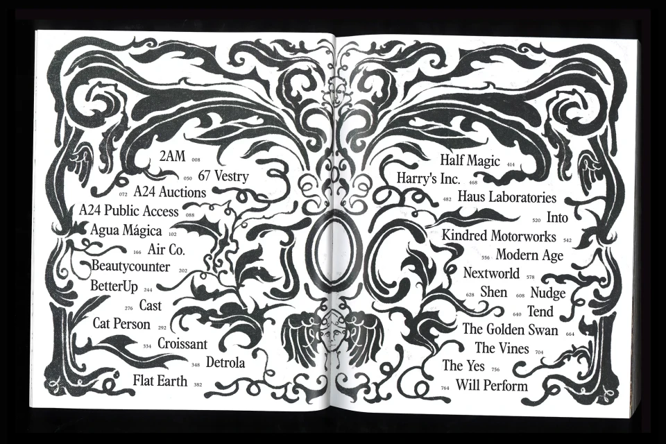 Black and white illustration of a magazine spread with ornate borders and various company names in bold, classic serif fonts.