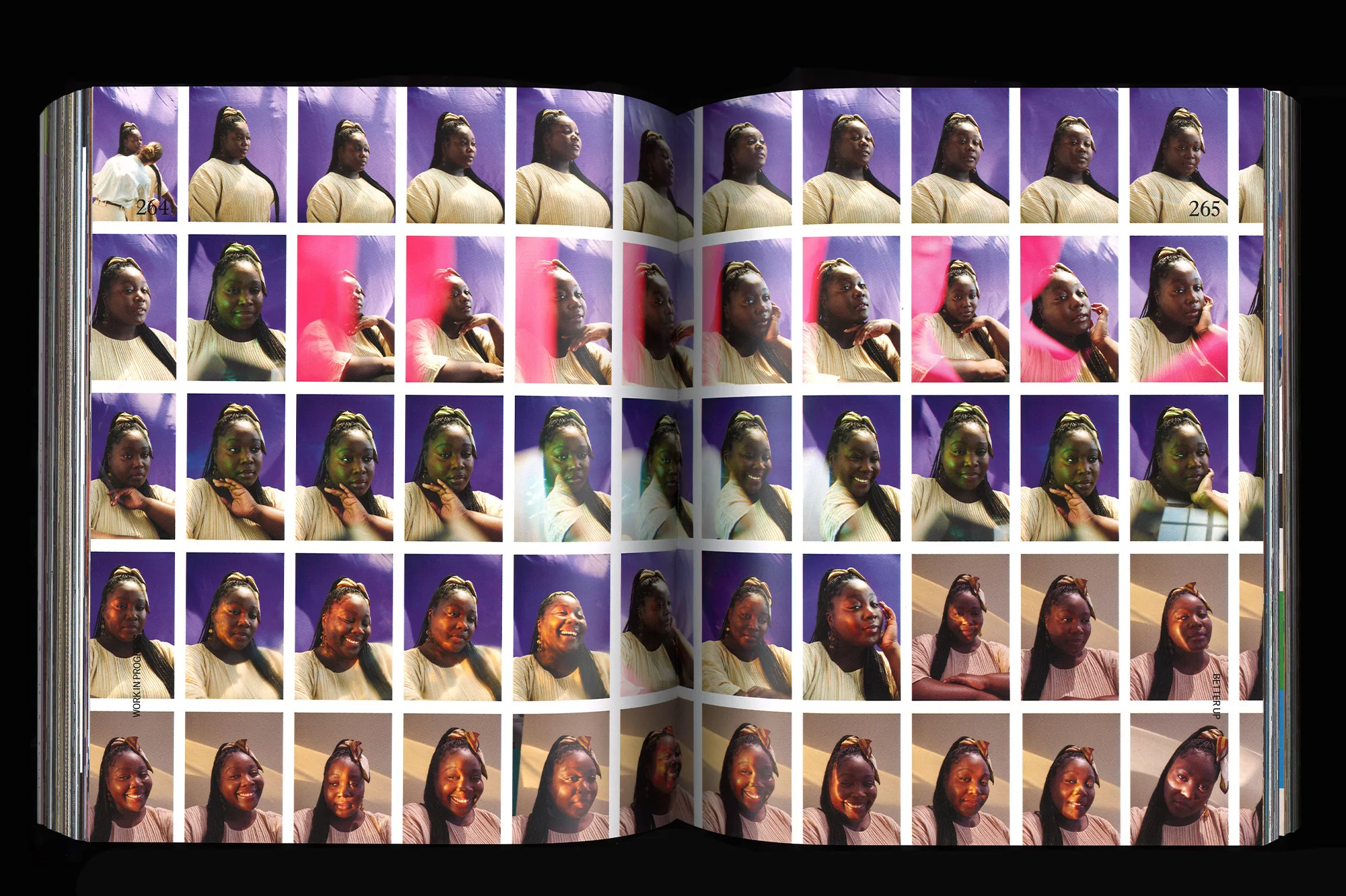 Open book displays grid of portrait photos of a Black woman in a studio setting, showcasing varied poses and expressions.