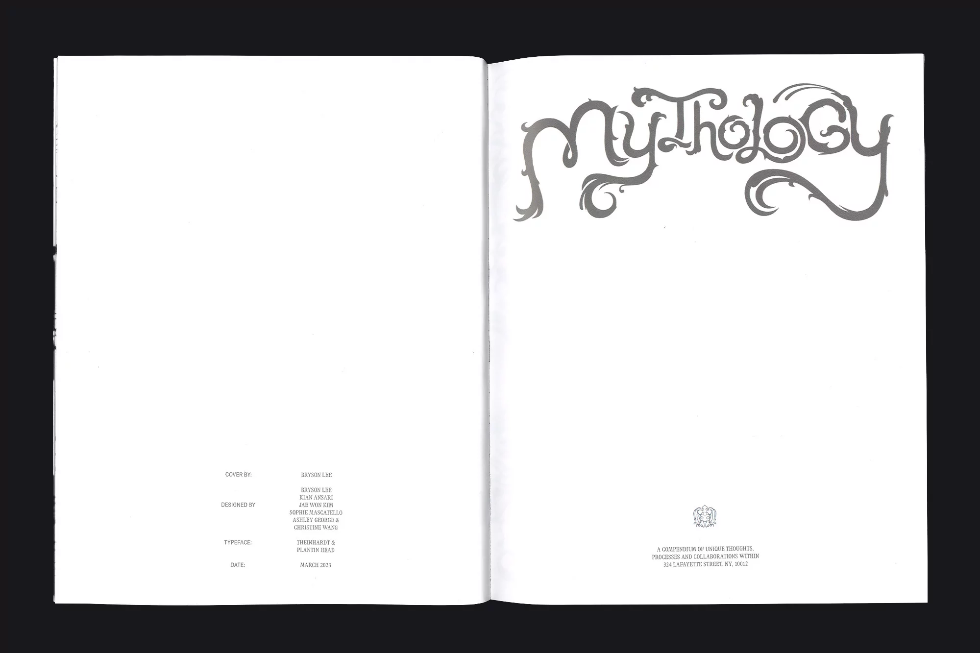 Open book spread featuring stylized typography of the word 'Mythology' on the right page and publication details on the left page.
