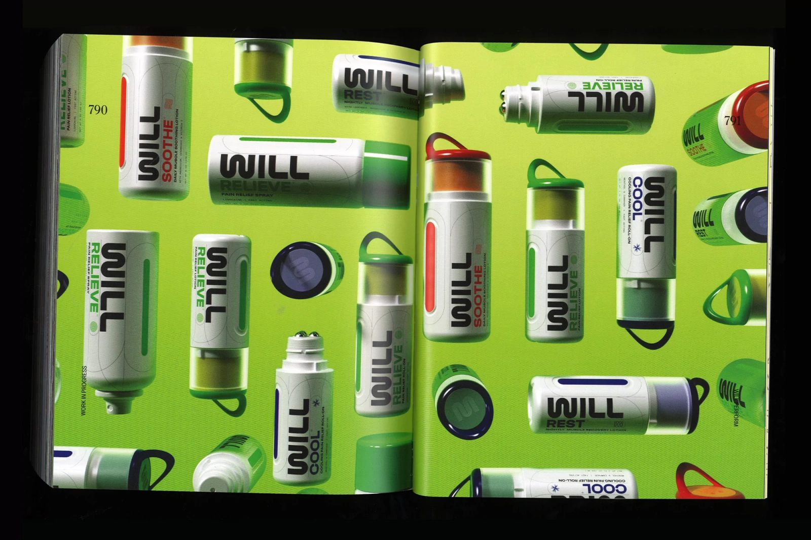 An open magazine spread displaying a vibrant green pattern populated with white and green product packaging items featuring black typography.
