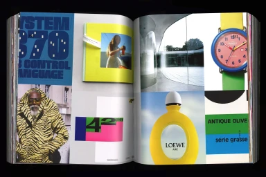 Open magazine spread displaying a grid of varied graphic design layouts, photography, and product imagery.