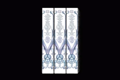 Three vertical white panels featuring ornate blue and white illustrative typography and portrait graphics against a black background.